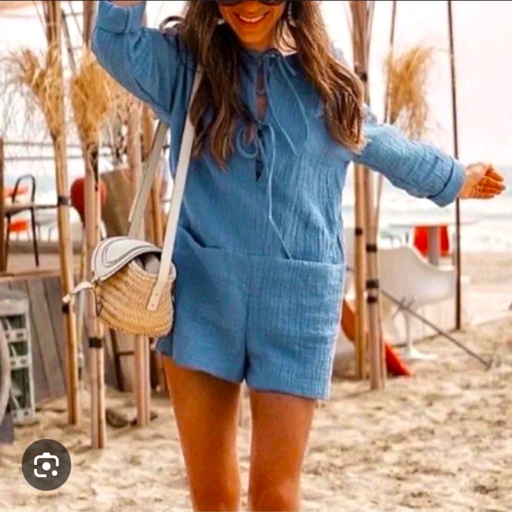 Zara cotton cornflower blue shirt romper size M